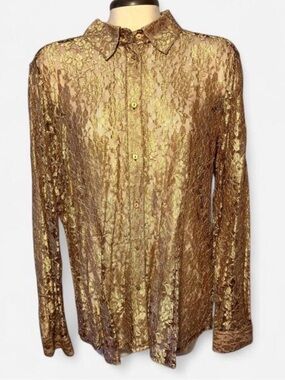 Chicos Gold Metallic Lace Button-Up Blouse Sz 3 Career Holiday Party Shimmer Top